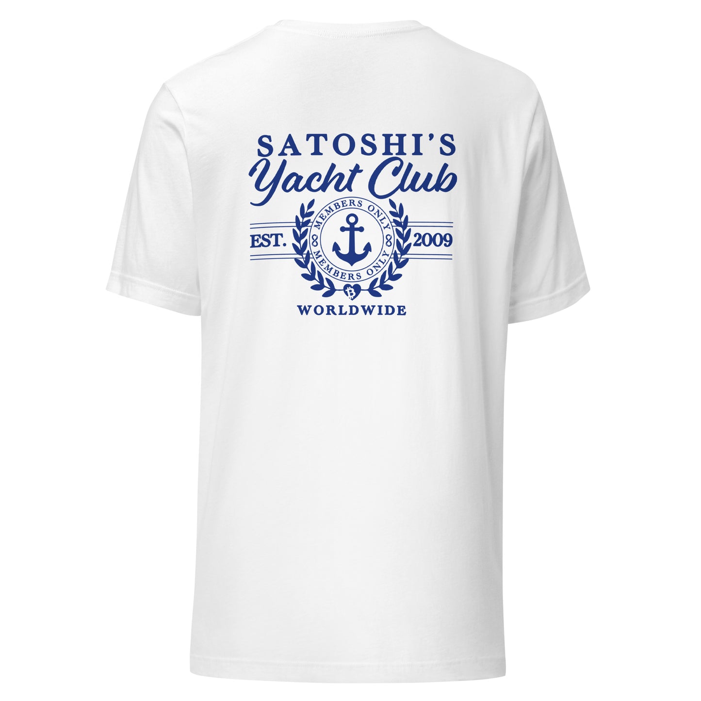 White t-shirt with blue text and graphics satoshi's yacht club on a white background