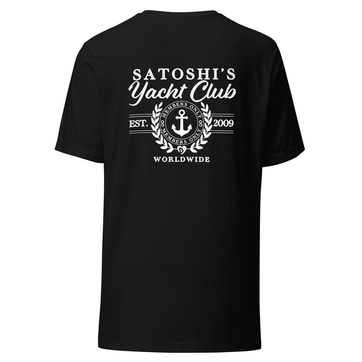 Black t-shirt with white text and logo on the back, featuring 'Satoshi's Yacht Club' design.
