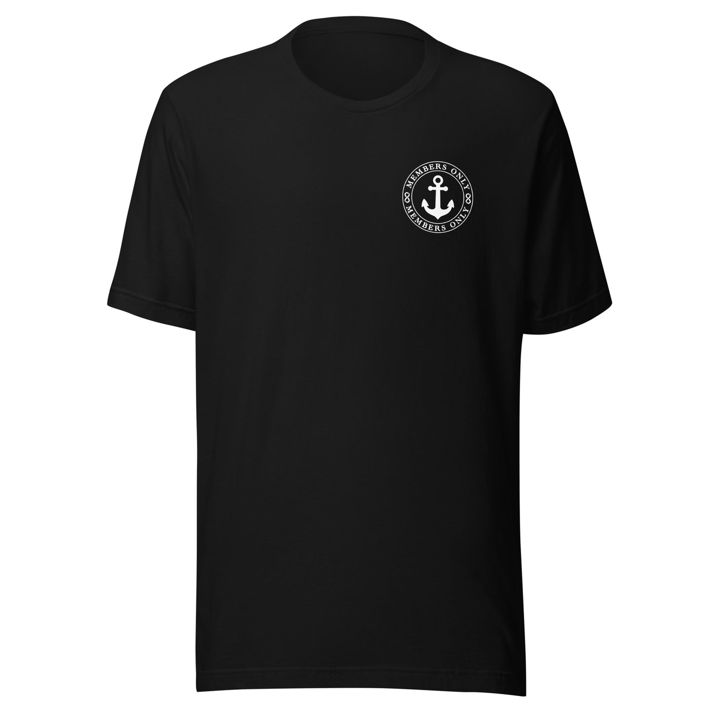 Black t-shirt with a white satoshi nakamoto logo on a white background