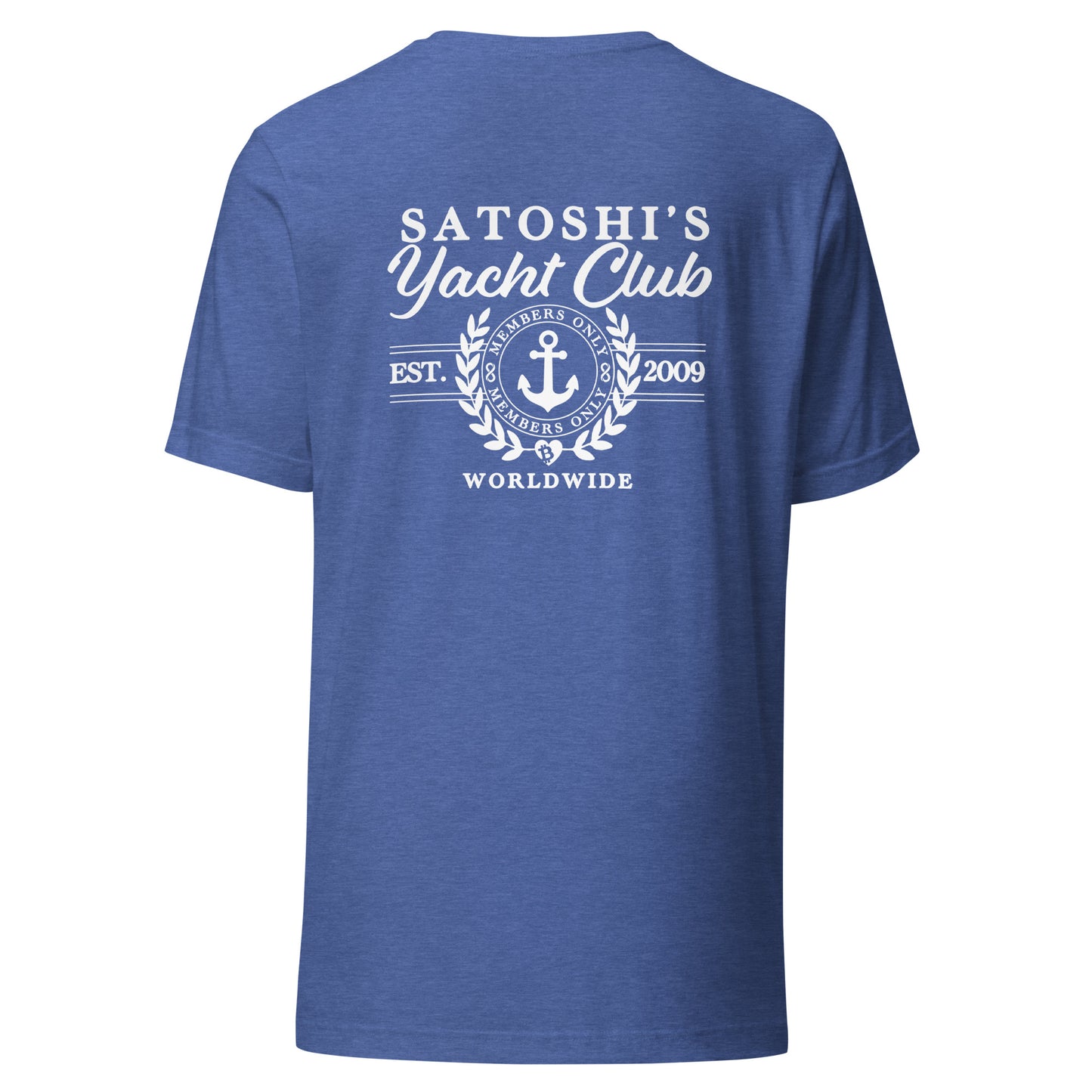 Blue t-shirt with 'Satoshi's Yacht Club' text and logo on a white background