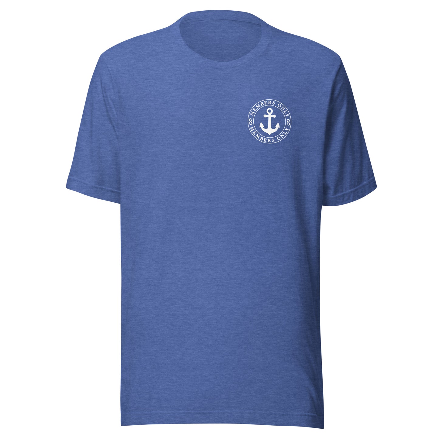 Blue t-shirt with a white anchor satoshi nakamoto logo on a white background