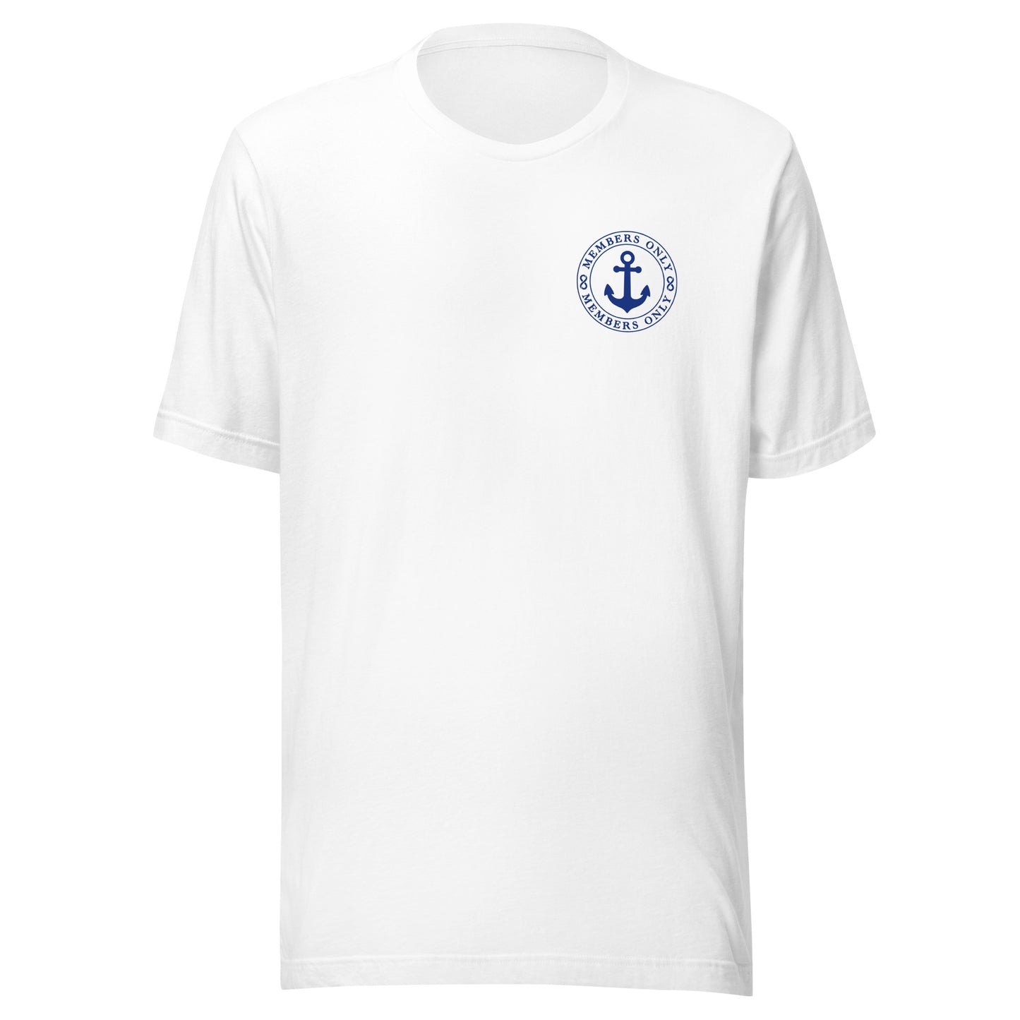 White t-shirt with a blue anchor satoshi nakamoto logo on a white background