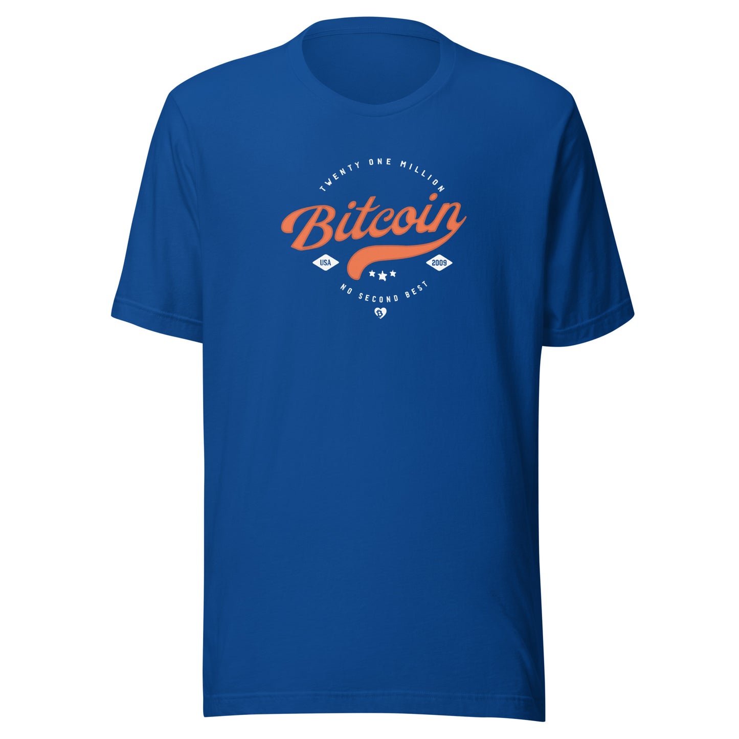 Blue t-shirt with Bitcoin logo and text on a white background