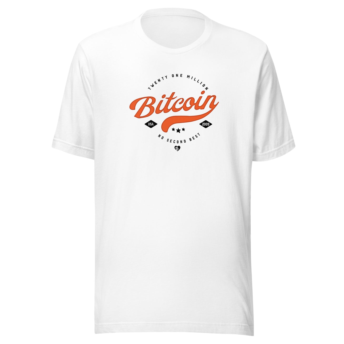 White t-shirt with Bitcoin graphic design on a white background