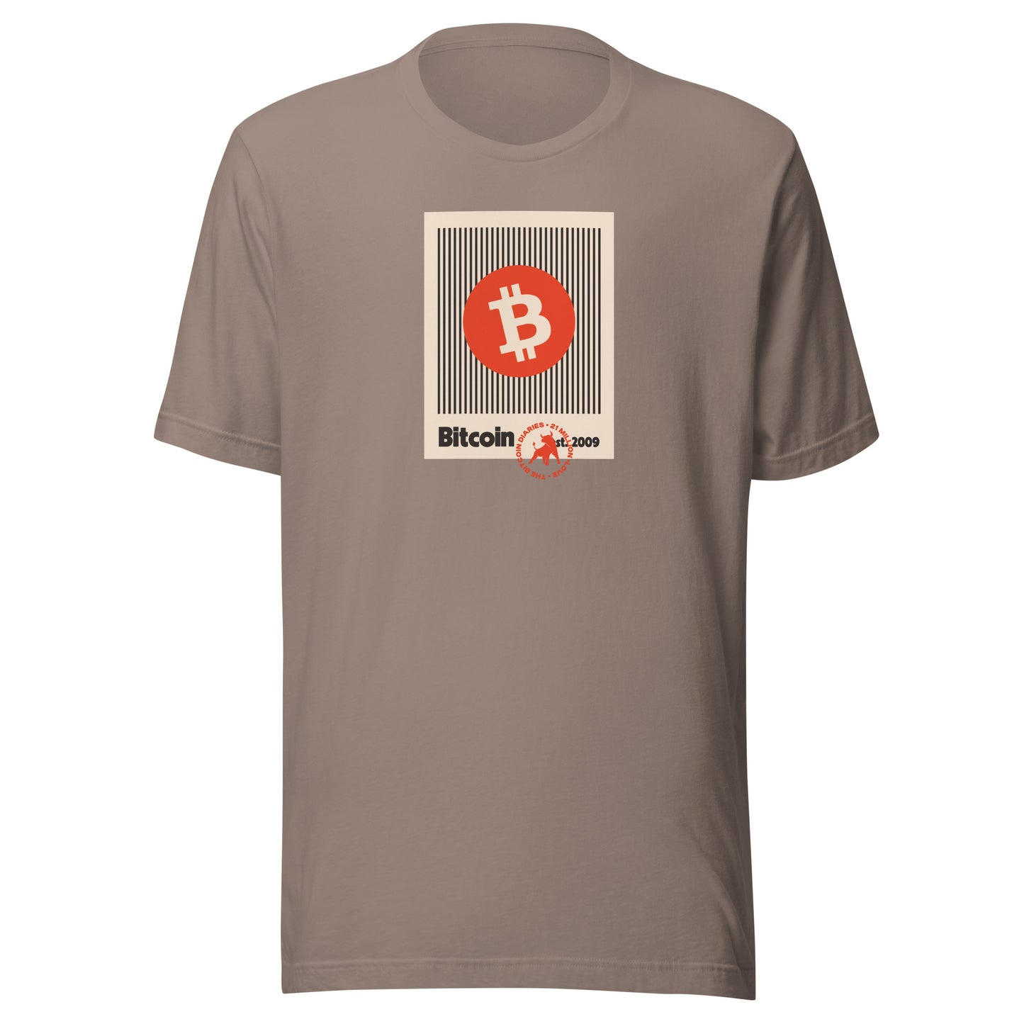 Brown t-shirt with Bitcoin logo and text on a white background