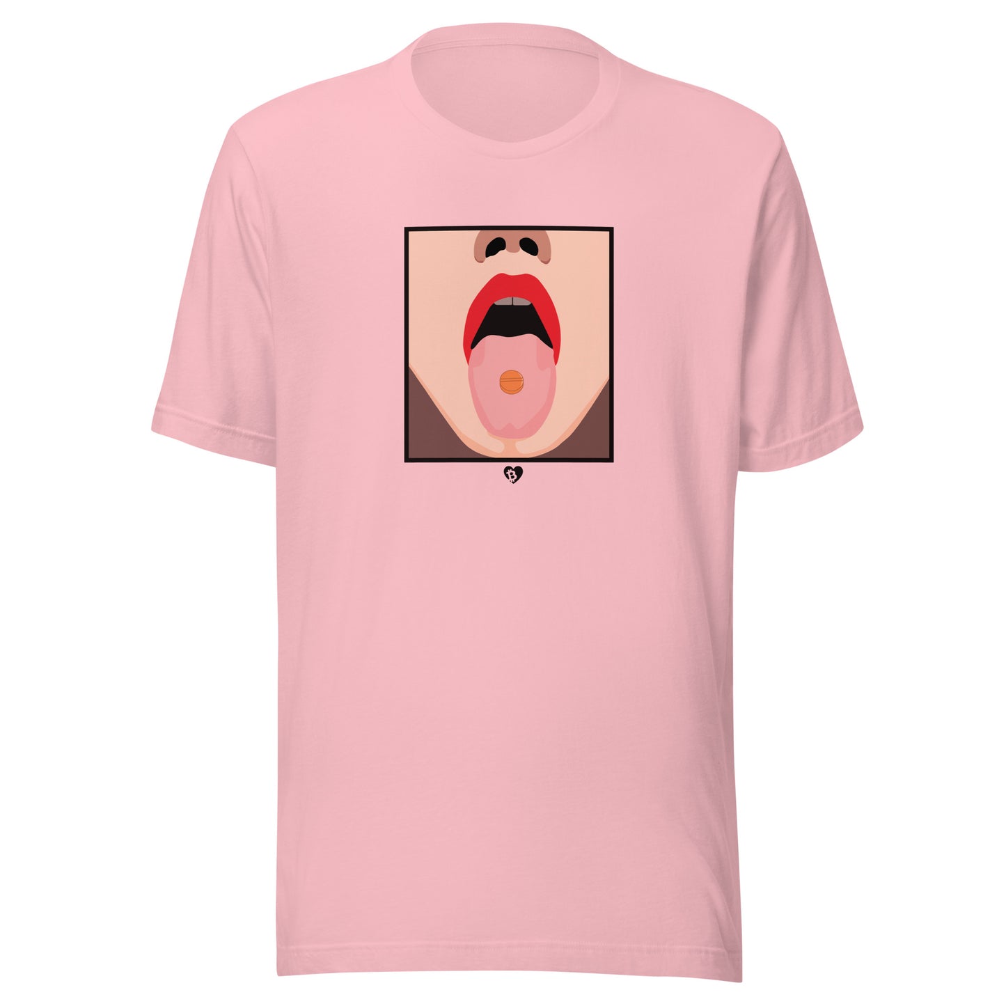 Pink t-shirt with a graphic of a face with an open mouth 'bitcoin betty' on a white background