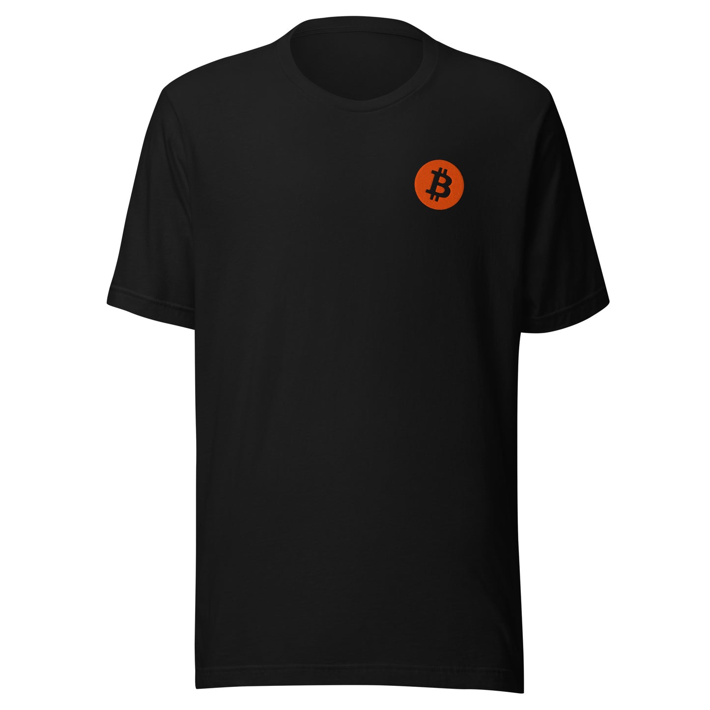Black t-shirt with an orange Bitcoin logo on the chest against a white background