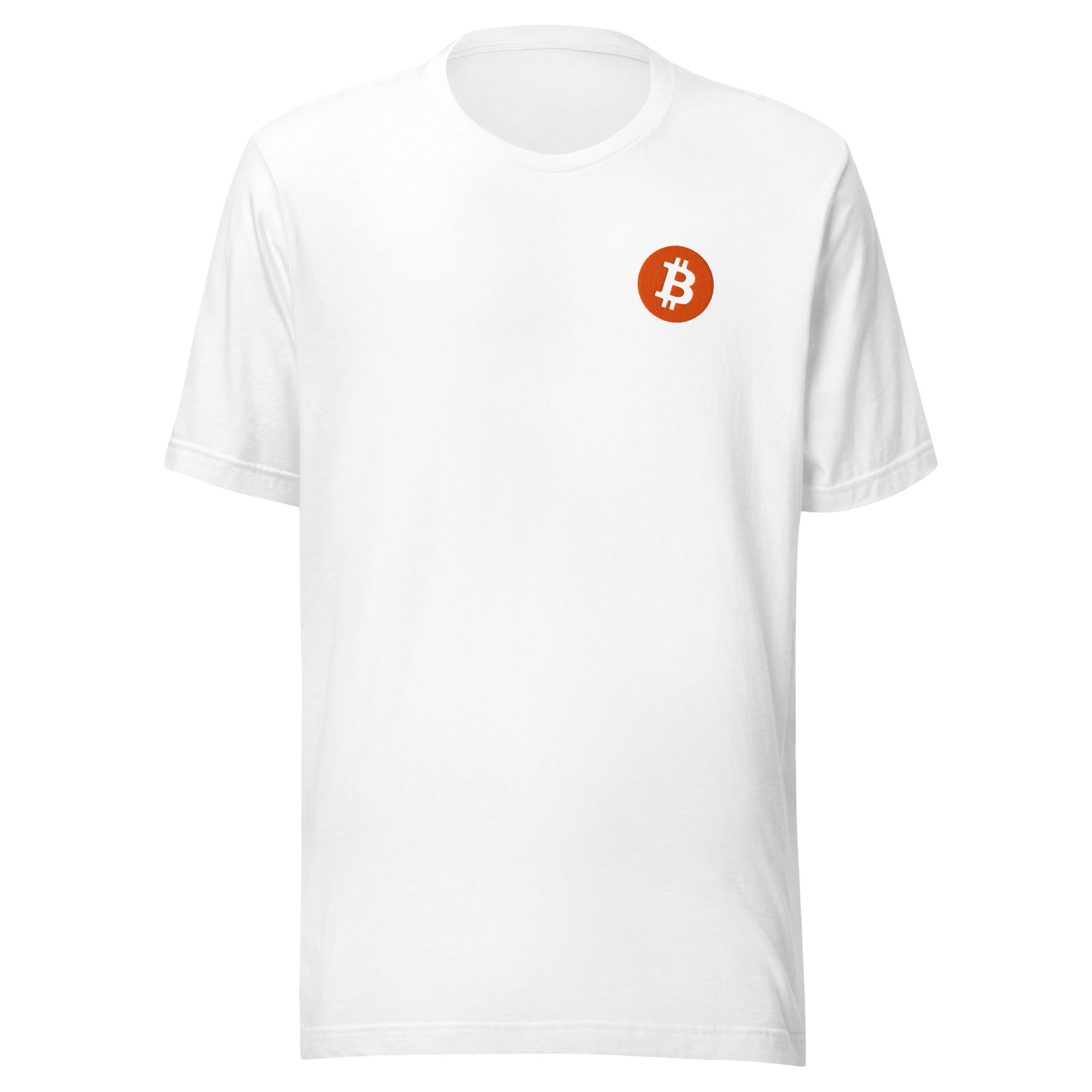 White t-shirt with an orange Bitcoin logo on a white background