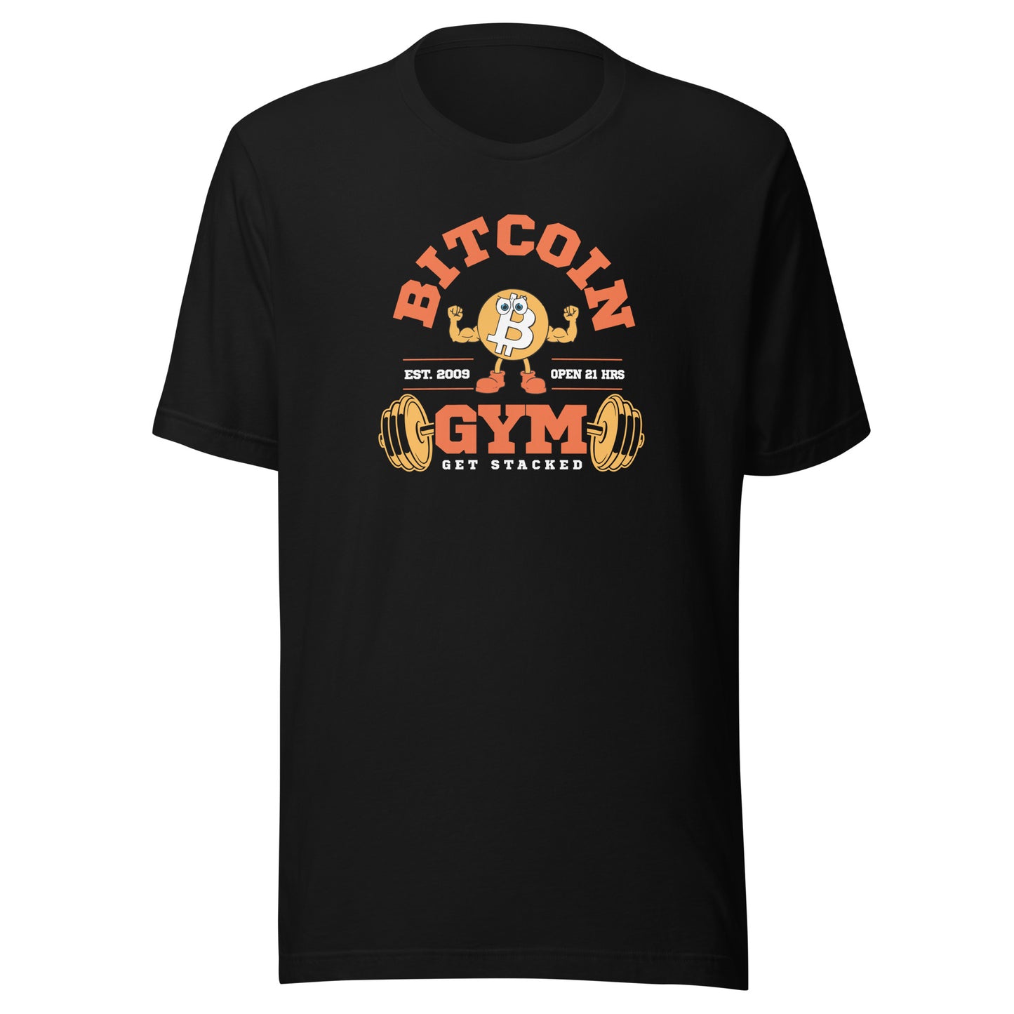 Black t-shirt with 'Bitcoin Gym' graphic design on a white background
