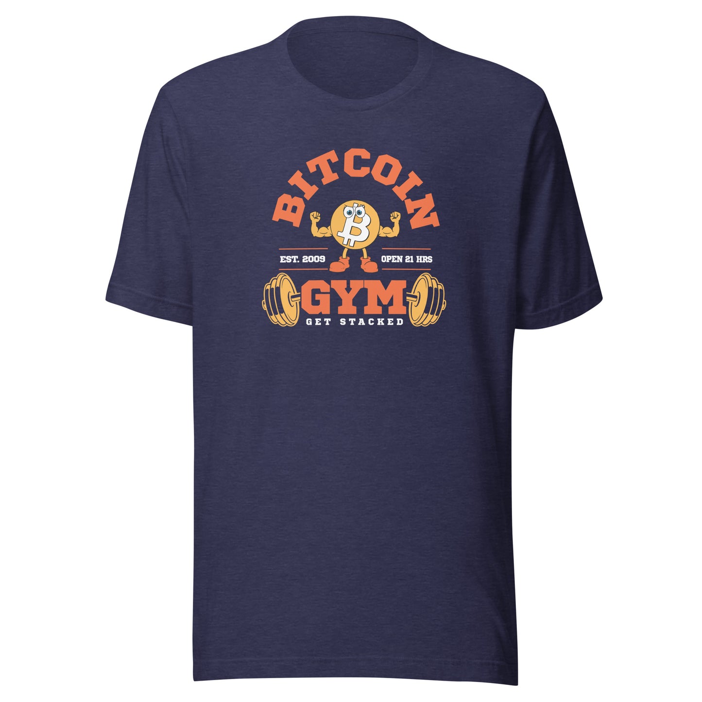 Navy blue t-shirt with Bitcoin Gym graphic on a white background