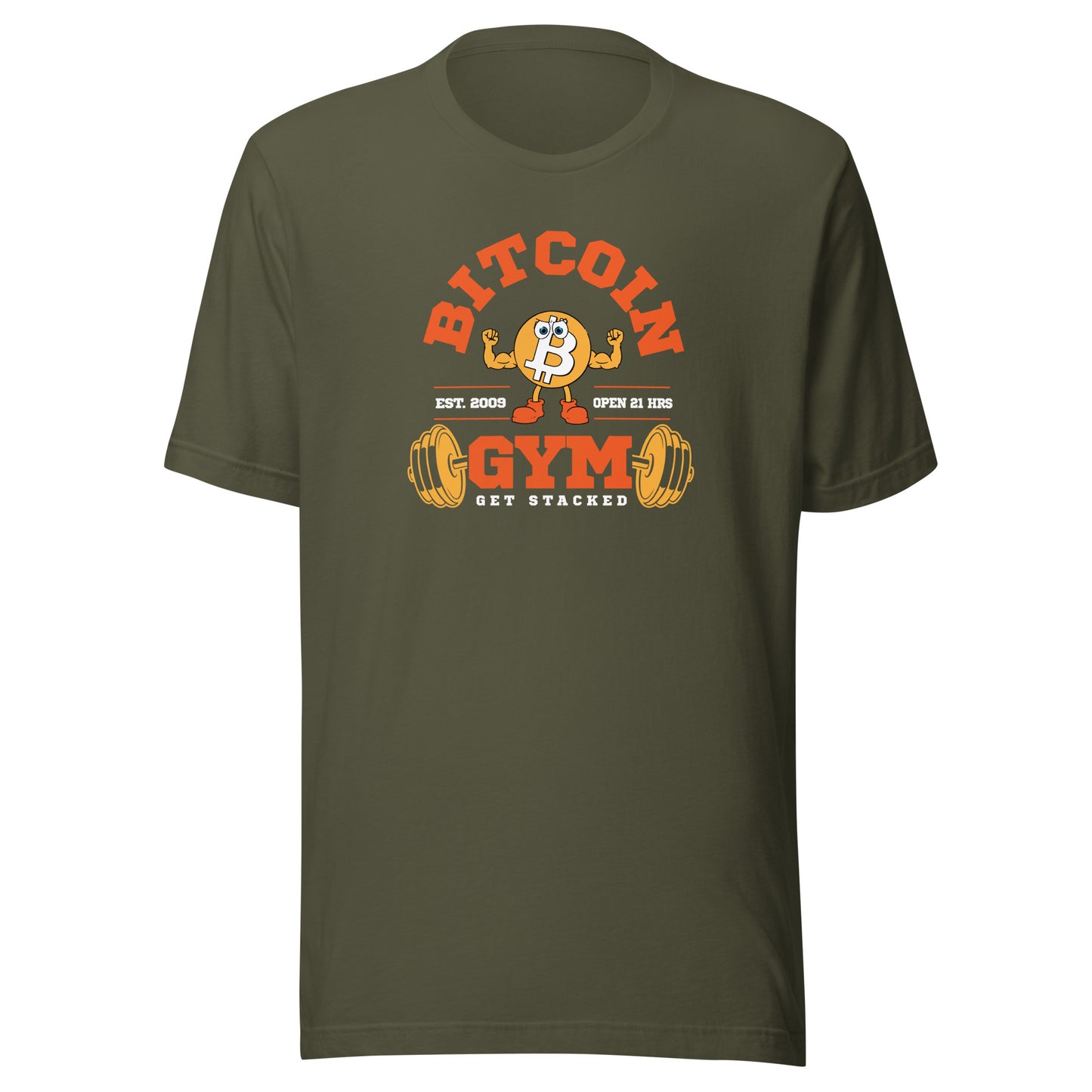 Green t-shirt with Bitcoin Gym graphic on a white background
