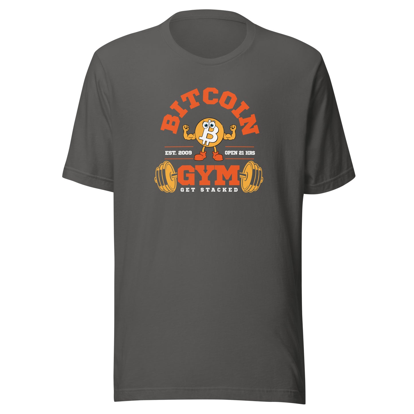 Dark gray t-shirt with Bitcoin Gym graphic on a white background