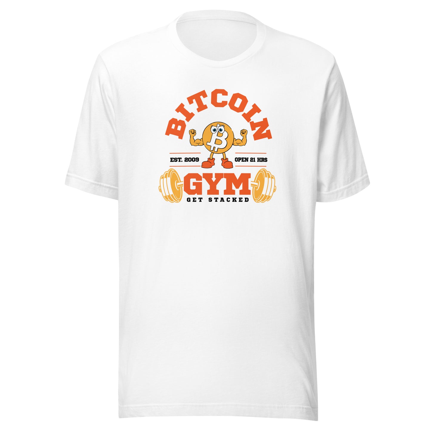 White t-shirt with Bitcoin Gym graphic design on a white background