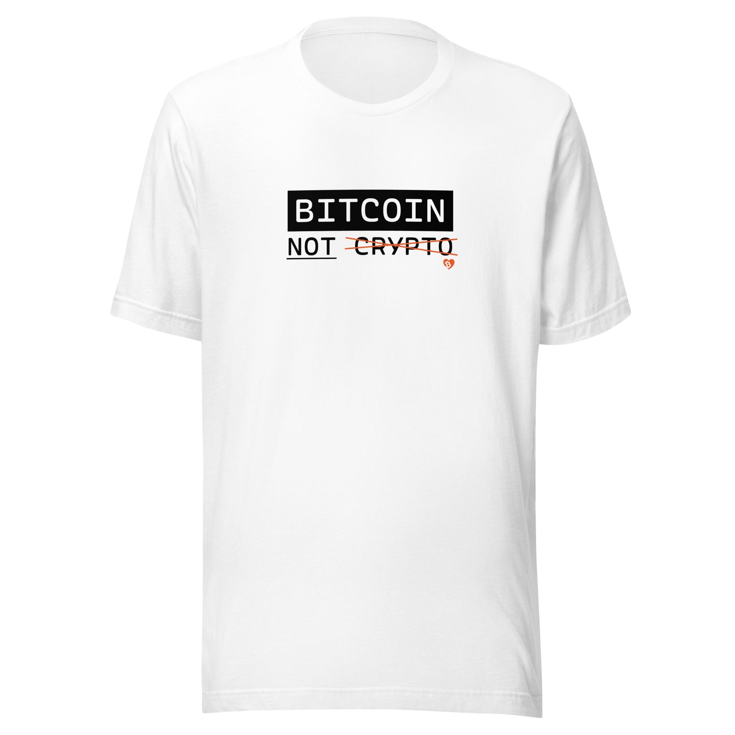 White t-shirt with 'BITCOIN NOT CRYPTO' text on a white background