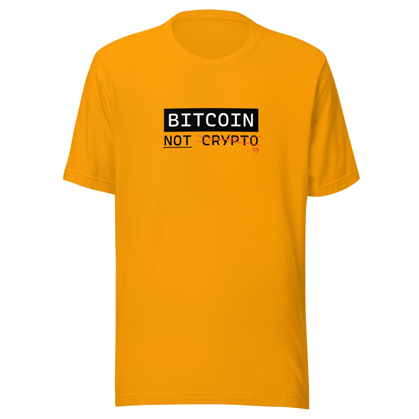 Yellow t-shirt with 'BITCOIN NOT CRYPTO' text on a white background