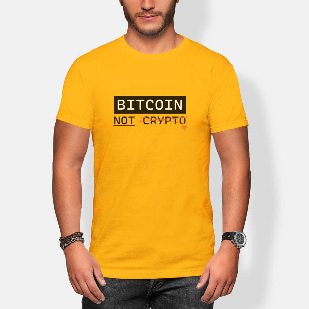 Person wearing a yellow t-shirt with 'BITCOIN NOT CRYPTO' text on a white background