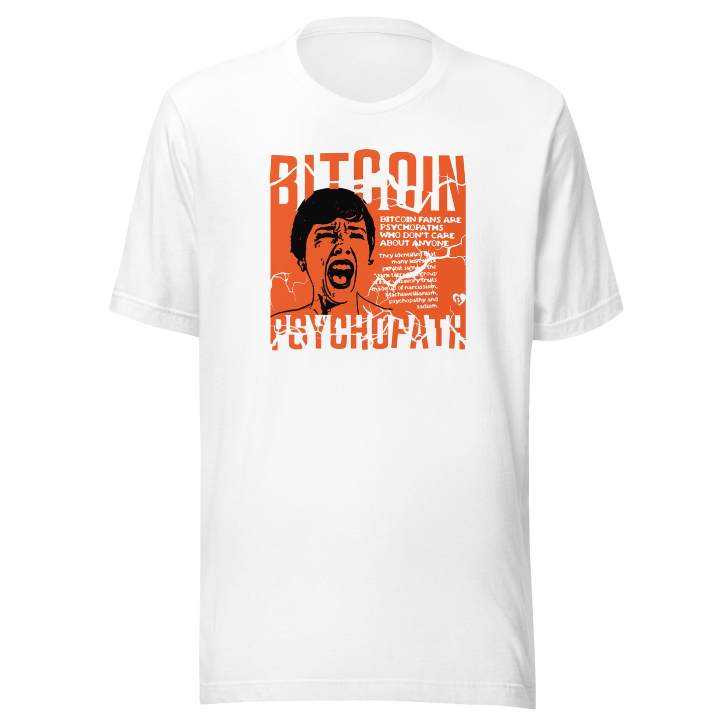 White t-shirt with orange graphic design featuring a face and text bitcoin psychopath on a white background