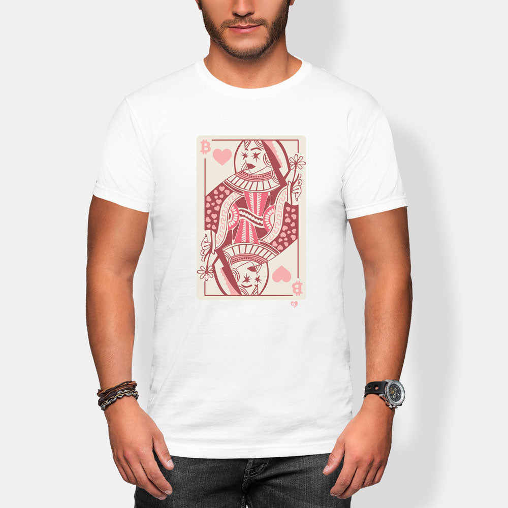 Person wearing a white t-shirt with a red queen playing card design on a plain background
