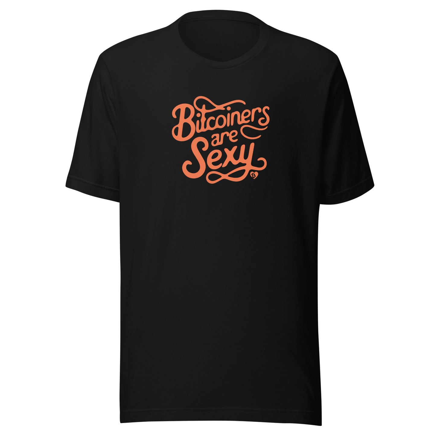 Black t-shirt with 'Bitconers are Sexy' text in orange on a white background