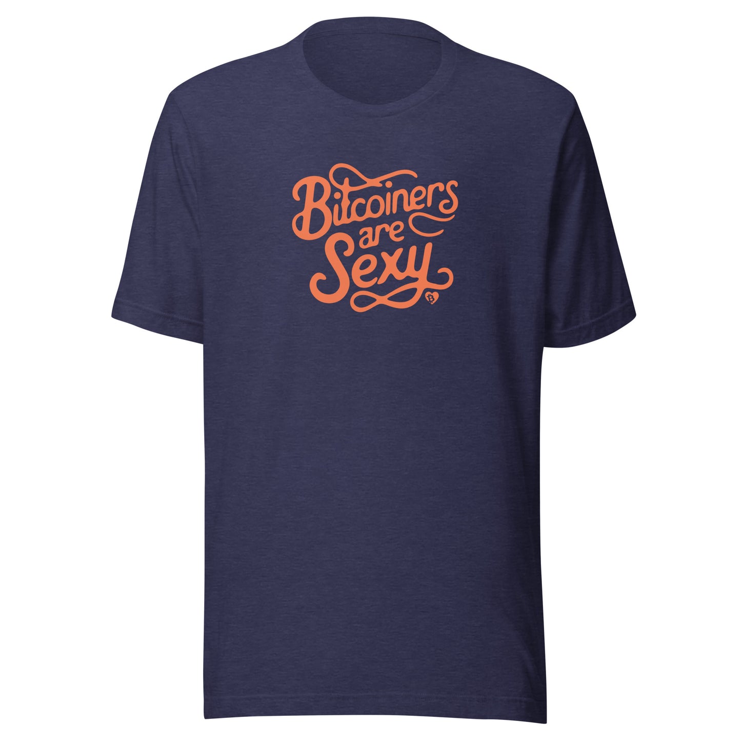 Navy blue t-shirt with 'Bitconers are Sexy' text in orange on a white background