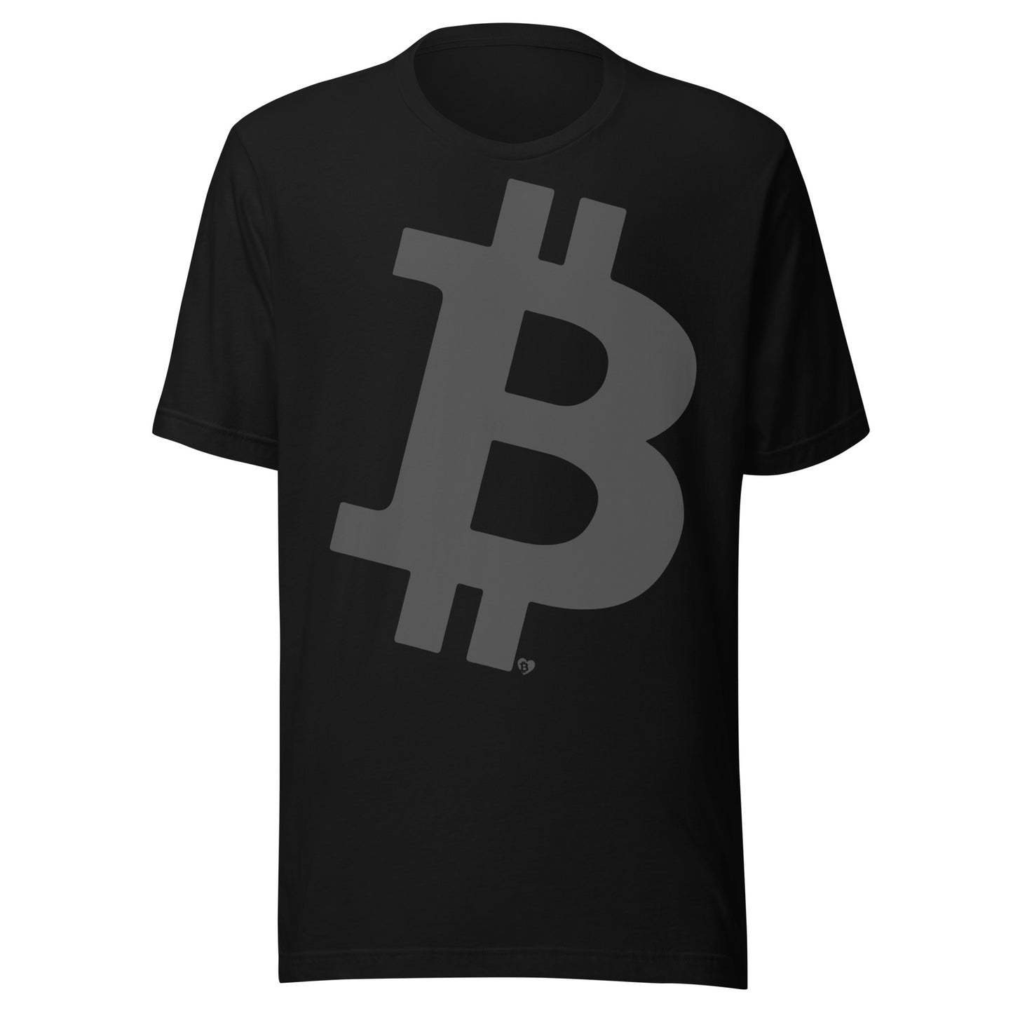 Black t-shirt with large massive Bitcoin symbol on a white background