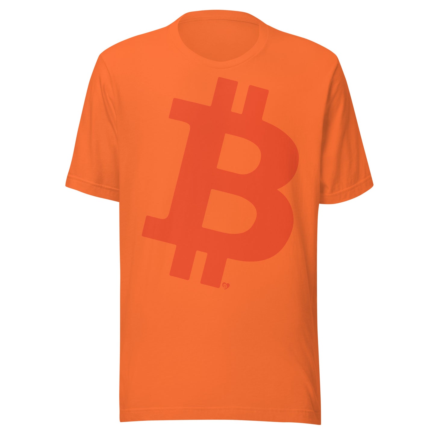 Orange t-shirt with large massive Bitcoin logo on a white background