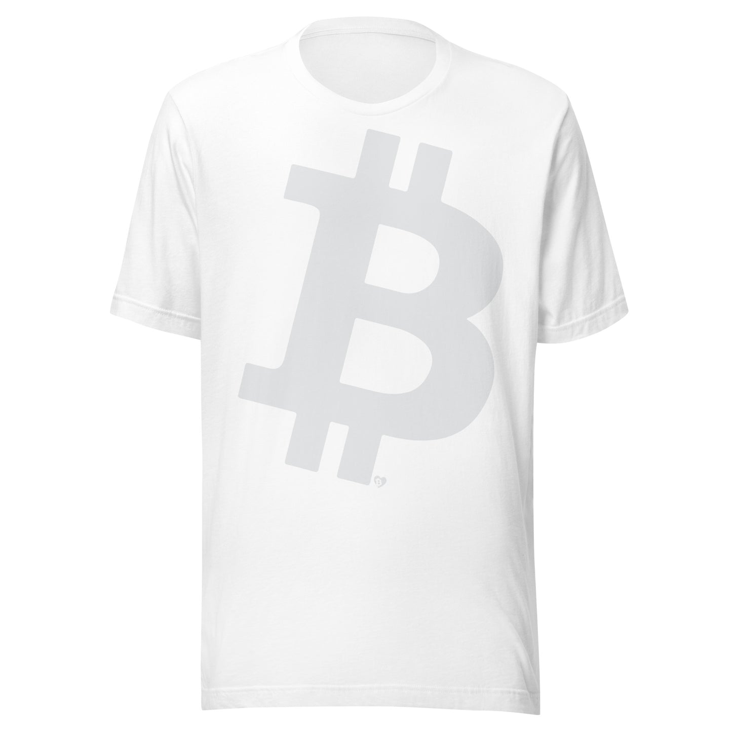 White t-shirt with large massive Bitcoin symbol on a white background