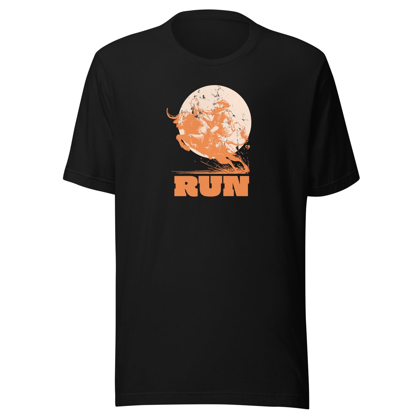 Black t-shirt with orange graphic and 'RUN' text on a white background