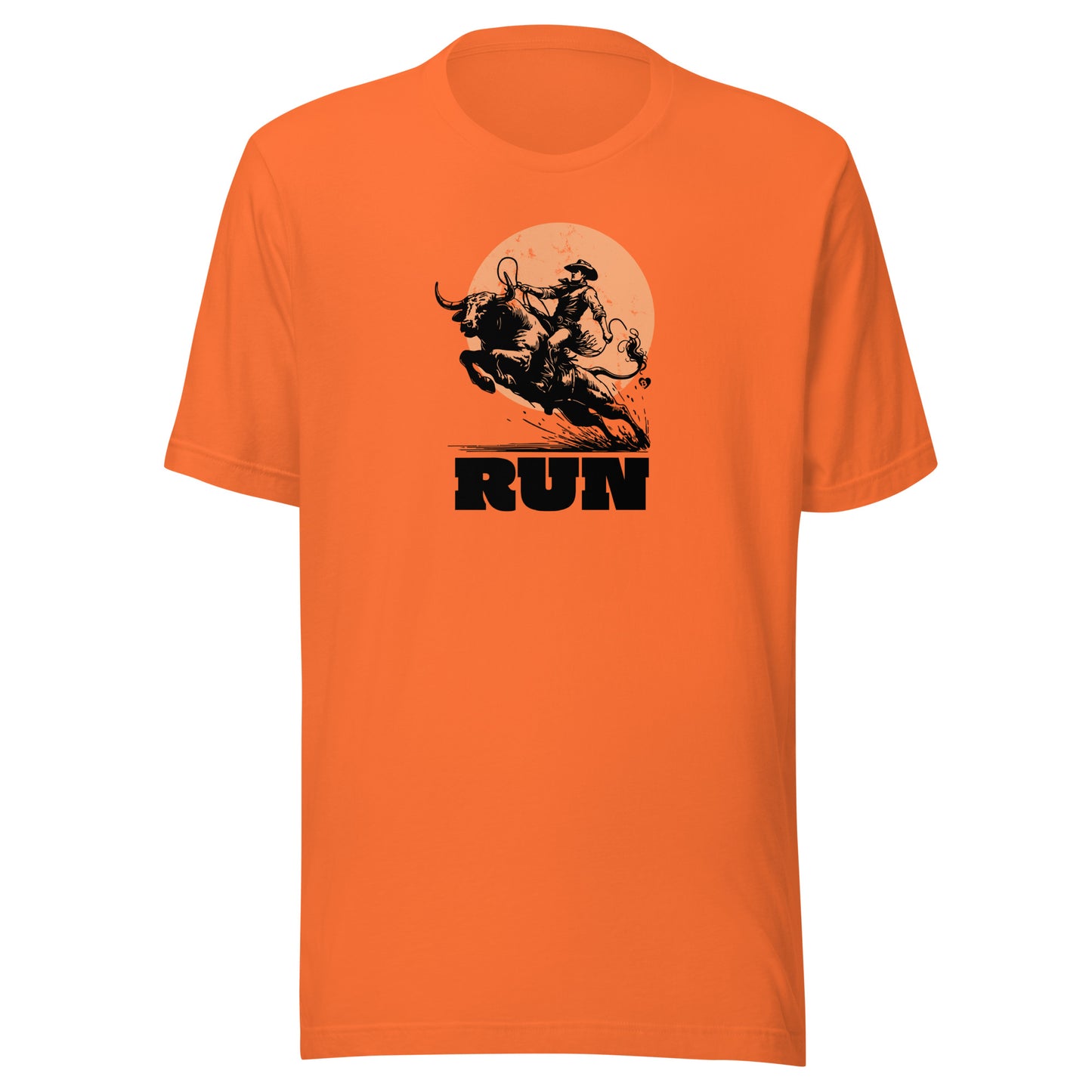 Orange t-shirt with a graphic of a person riding a bull and the word 'RUN' on a white background