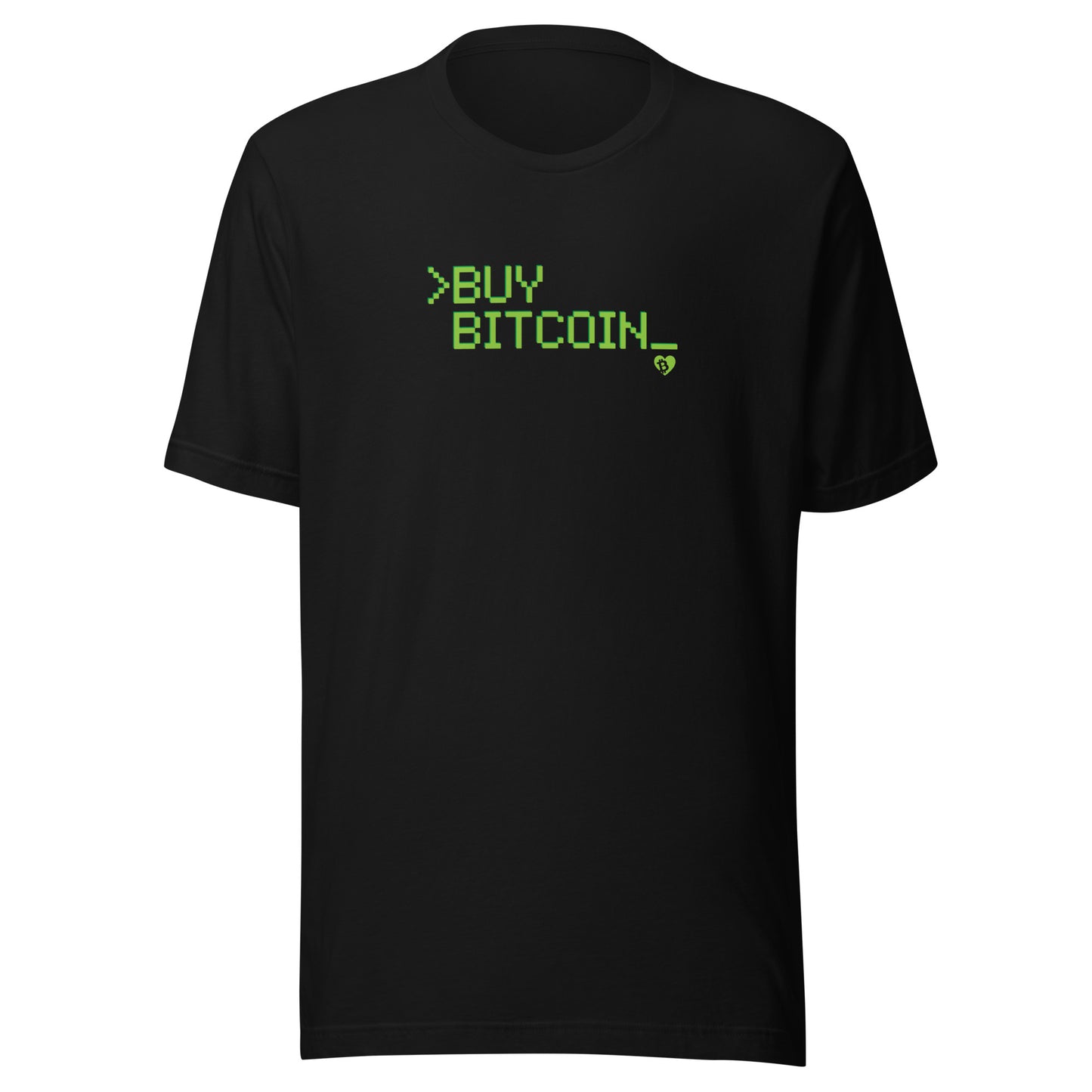 Black t-shirt with green text 'BUY BITCOIN' on a white background
