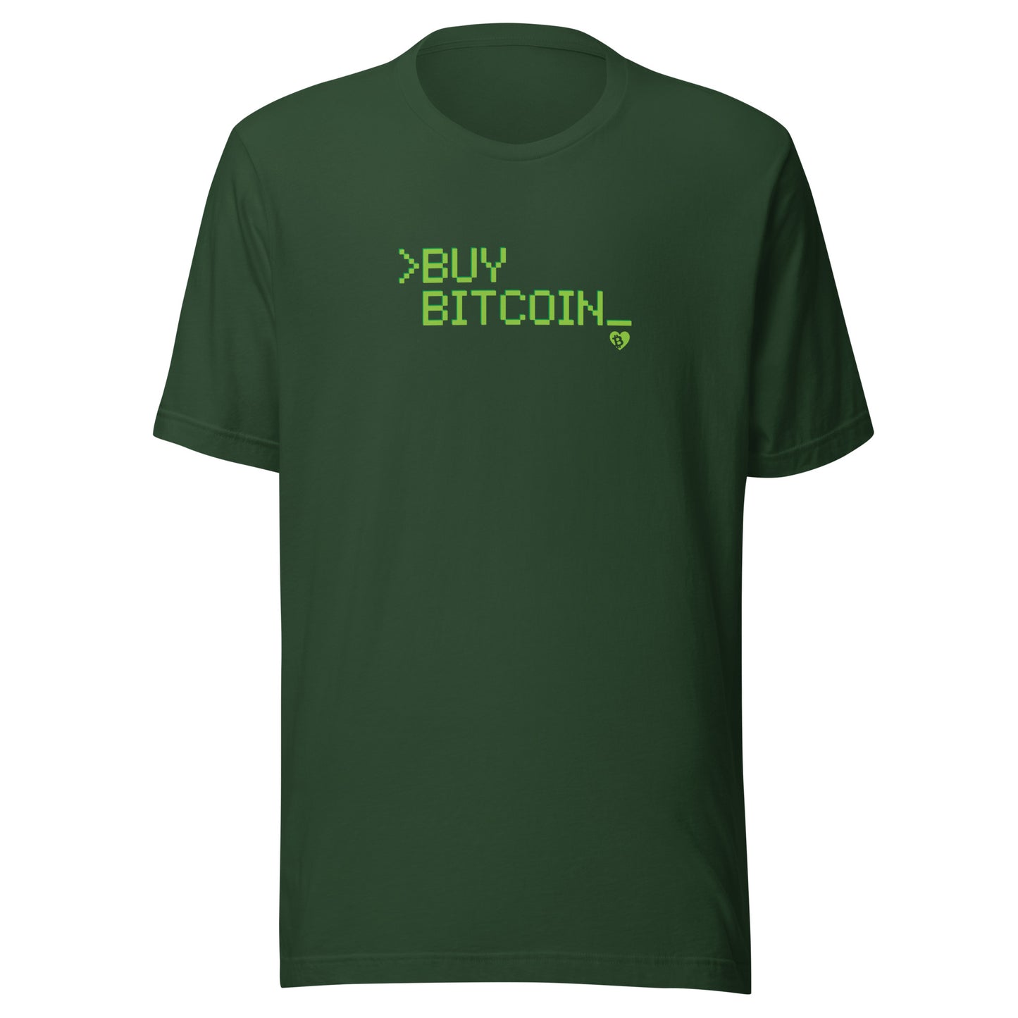 Green t-shirt with digital 'BUY BITCOIN' text on a white background