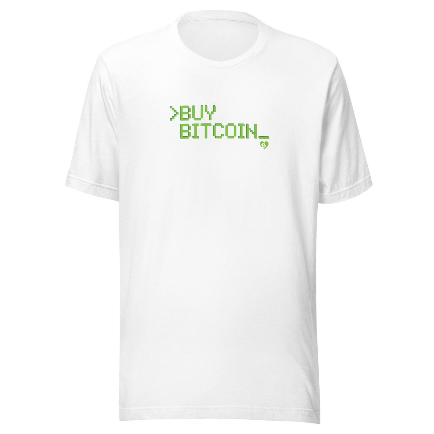 White t-shirt with green text 'BUY BITCOIN' on a white background