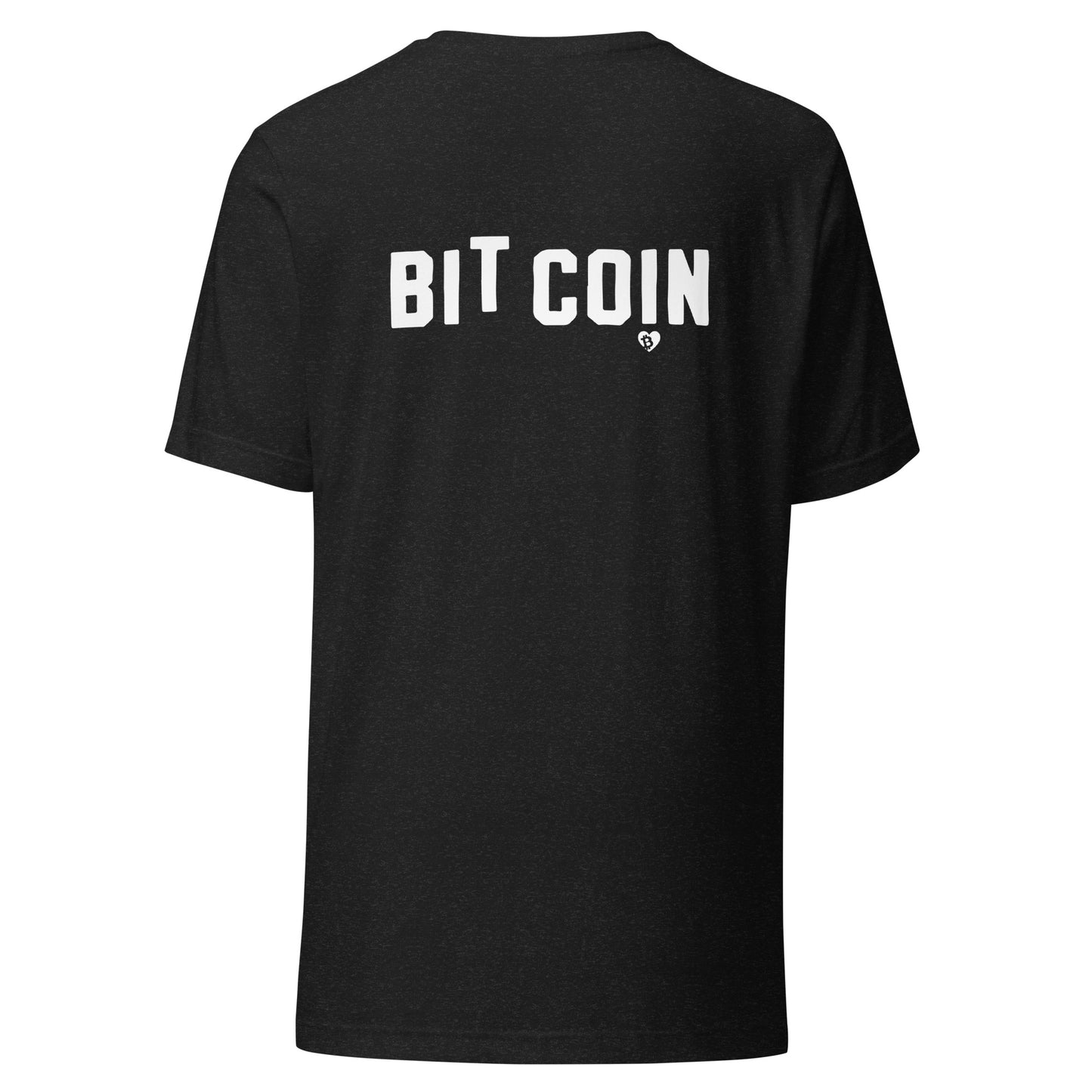 Black t-shirt with 'BIT COIN' printed on the back against a white background
