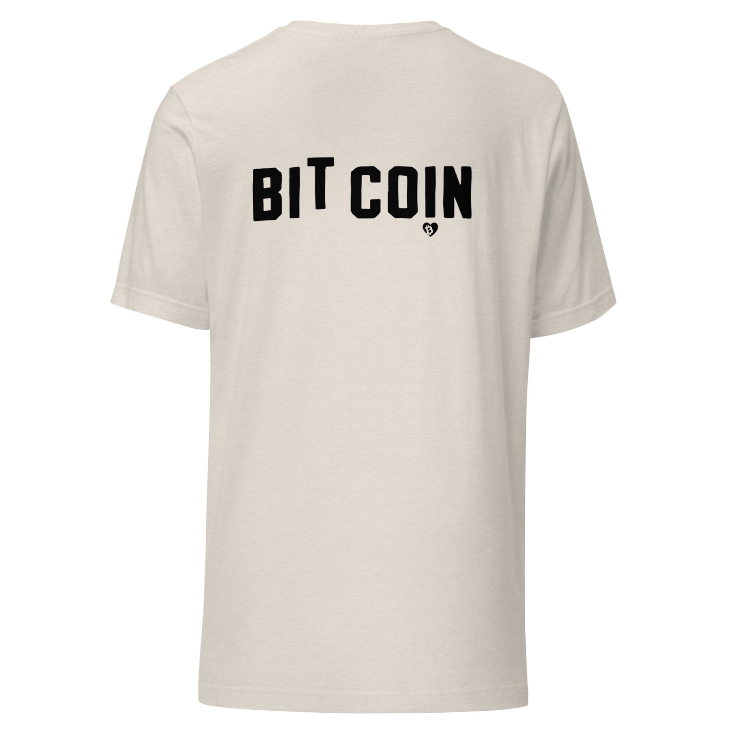 Beige t-shirt with 'BIT COIN' printed on the back against a white background