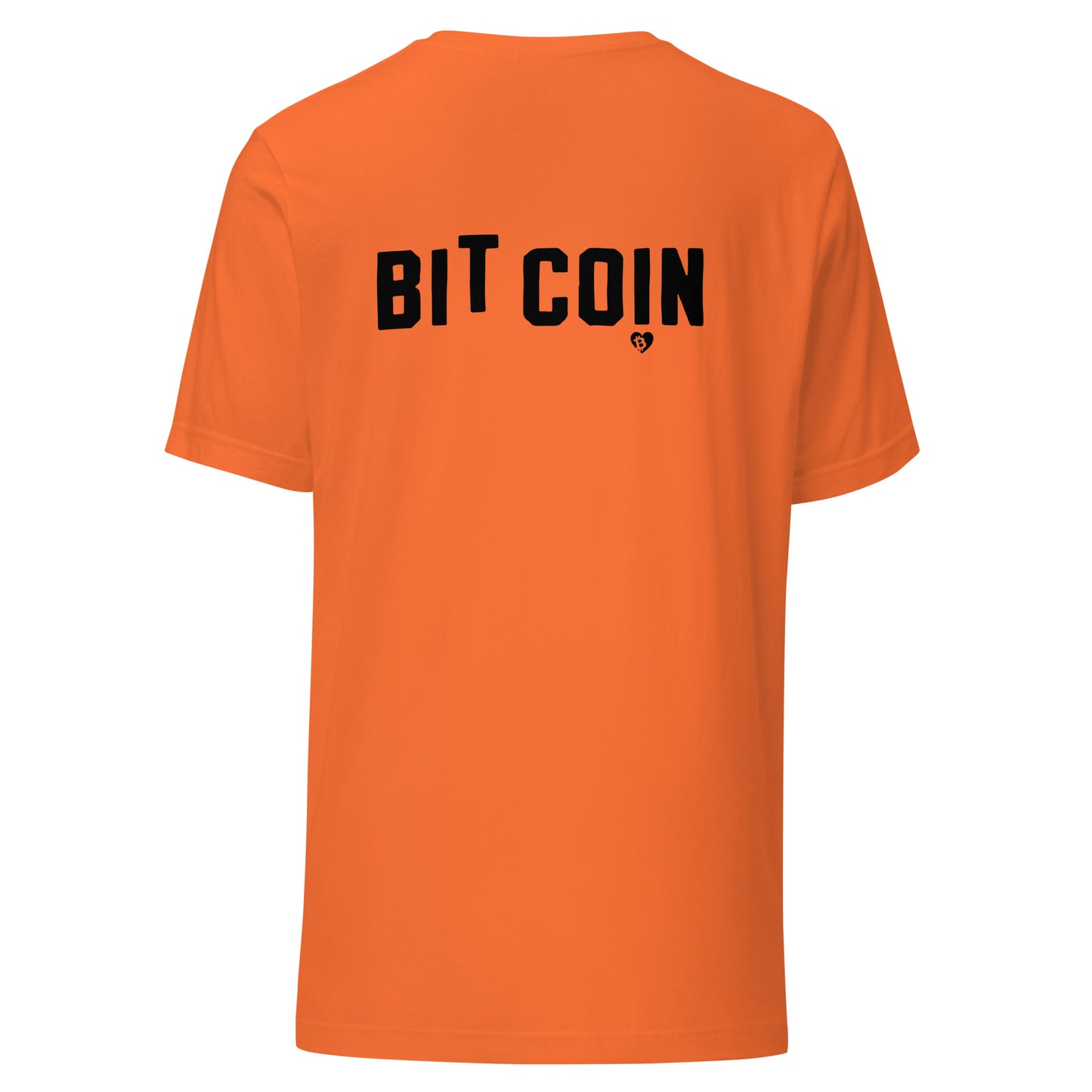 Orange t-shirt with 'BIT COIN' printed on the back against a white background