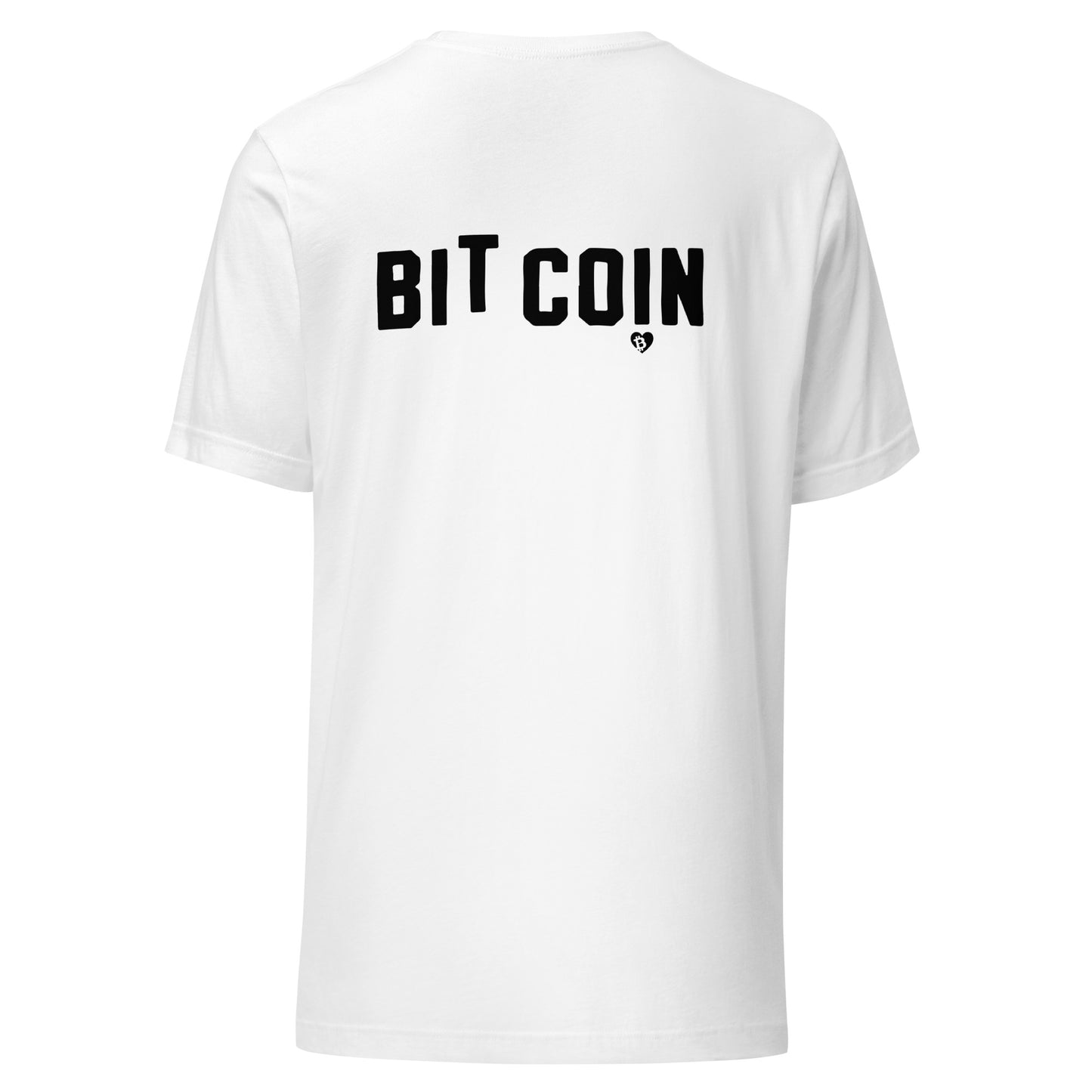White t-shirt with 'BIT COIN' printed on the back against a white background