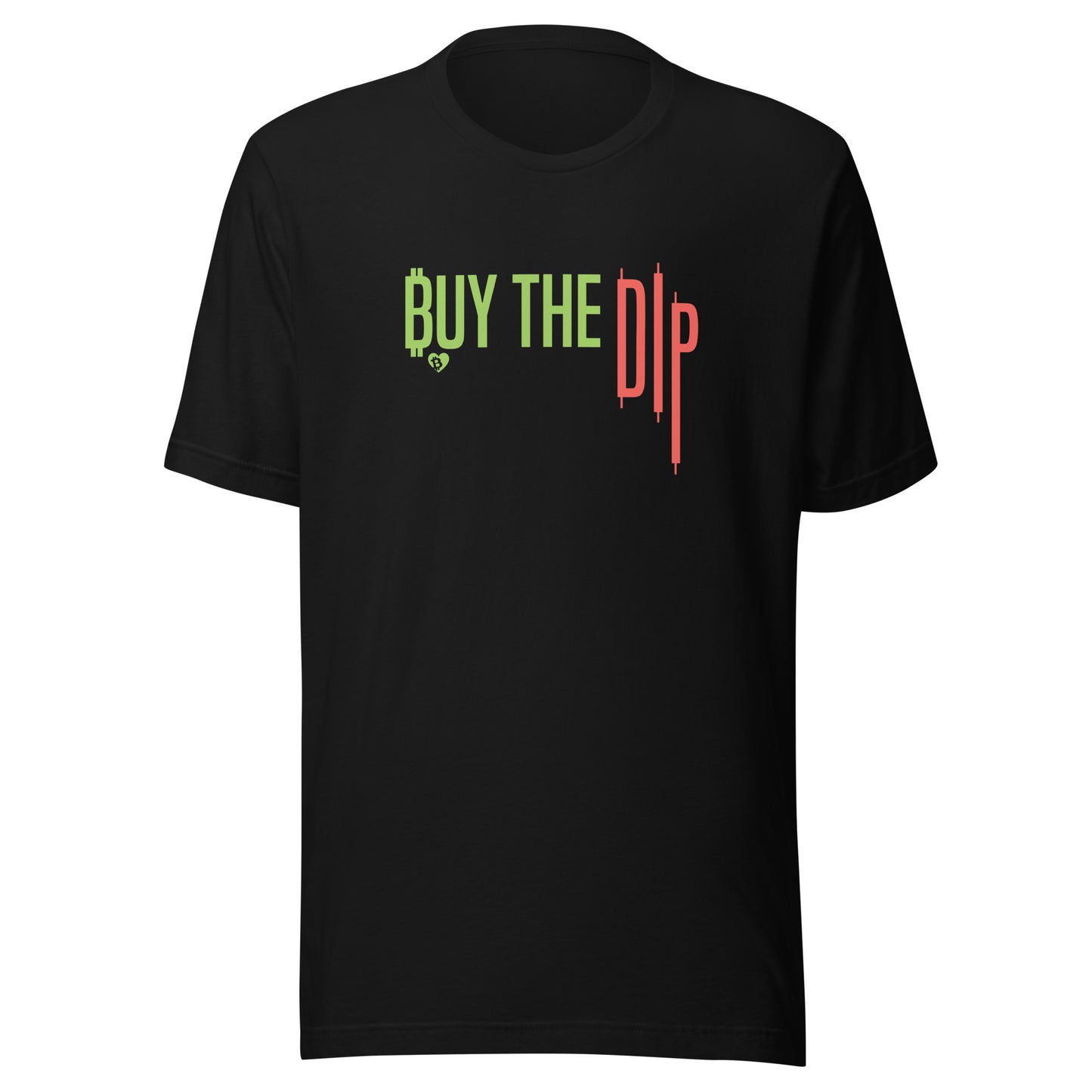 Black t-shirt with 'BUY THE DIP' text in green and red on a white background