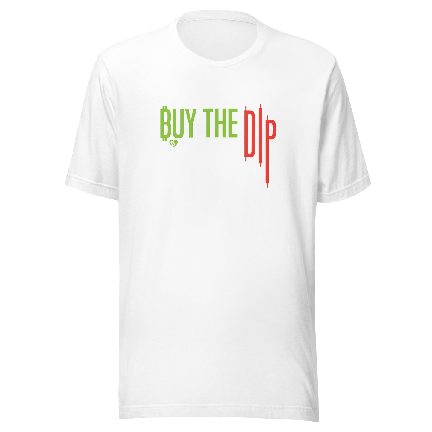 White t-shirt with 'BUY THE DIP' text in green and red on a white background