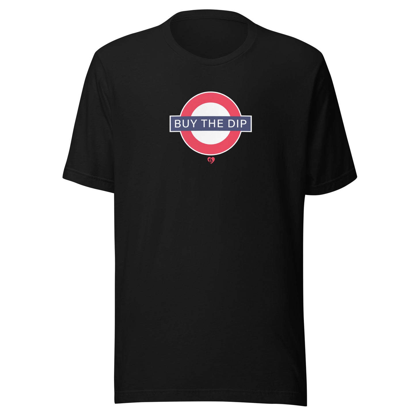 Black t-shirt with a graphic design 'buy the dip' on a white background