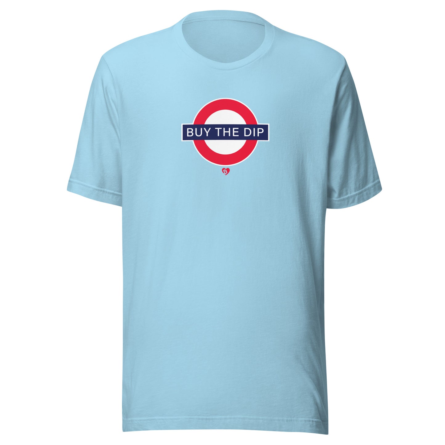 Light blue t-shirt with a graphic design 'buy the dip' on a white background