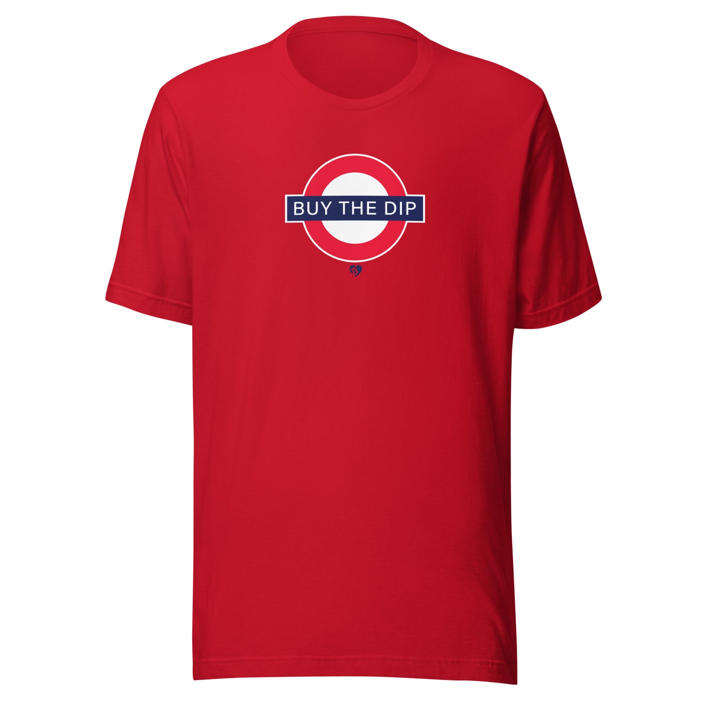 Red t-shirt with 'BUY THE DIP' graphic on a white background