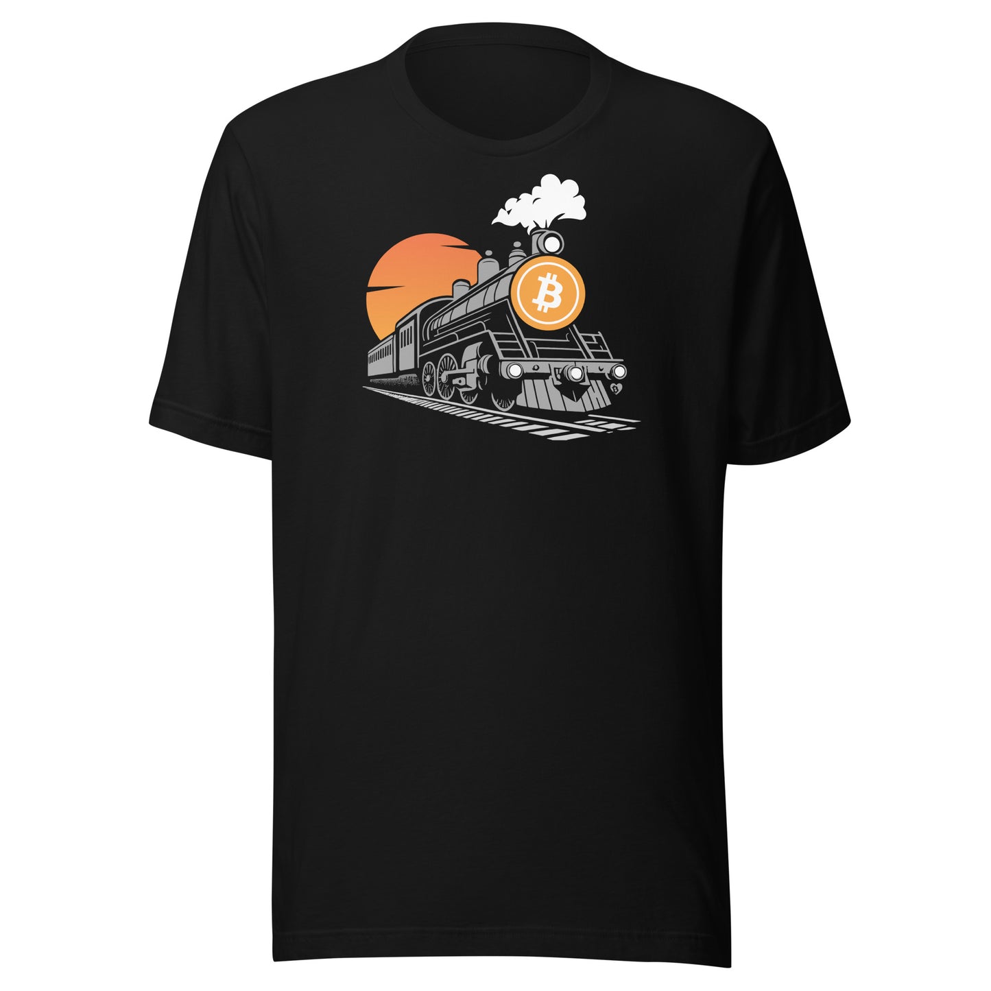 Black t-shirt with a steam train graphic featuring a Bitcoin symbol on a white background