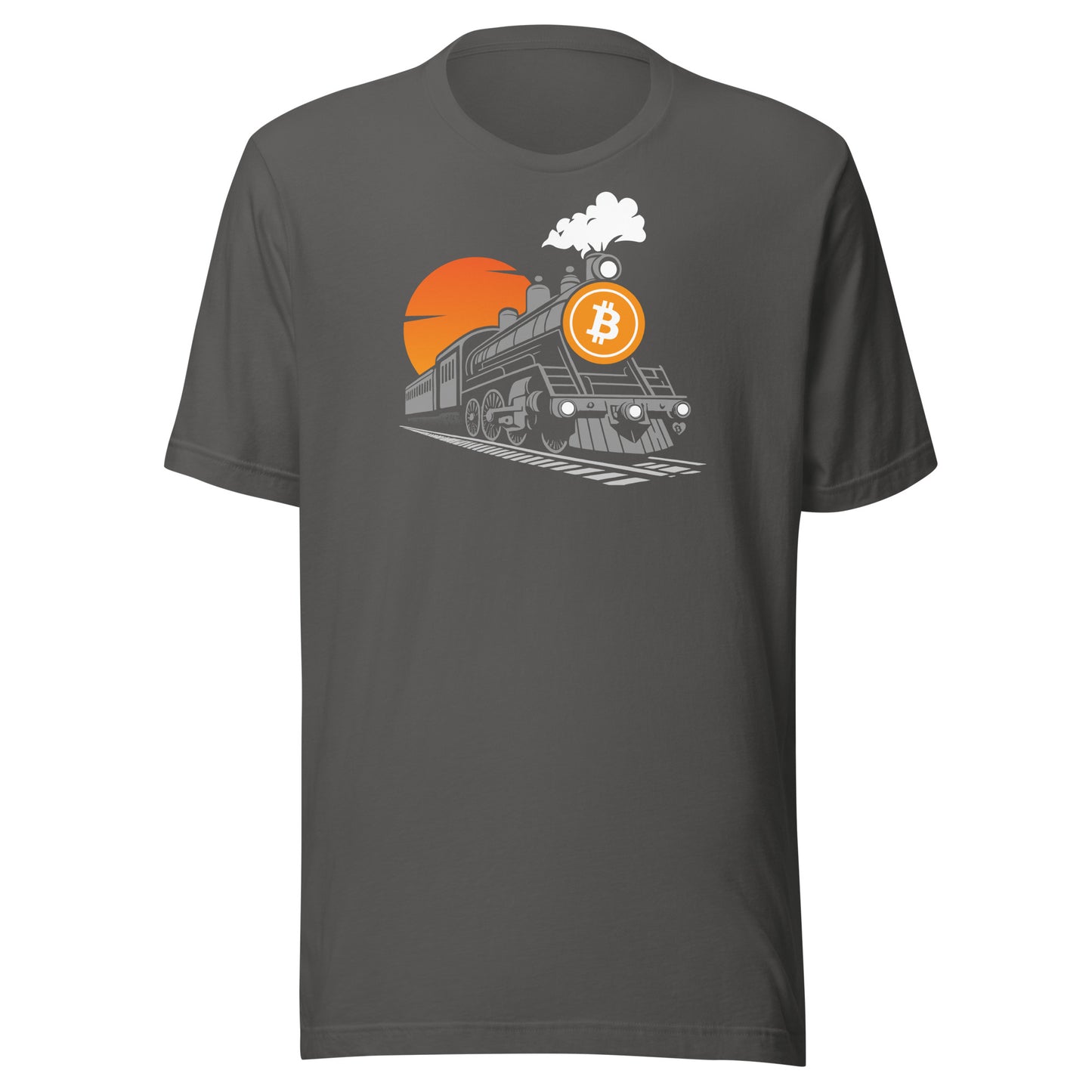 Gray t-shirt with a steam train and Bitcoin logo graphic on a white background
