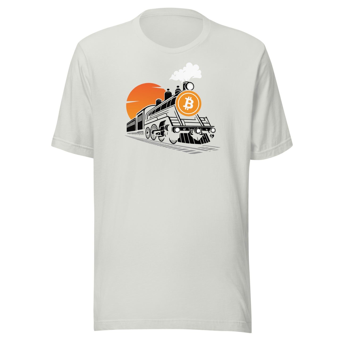White t-shirt with a graphic design of a train and Bitcoin symbol on a white background
