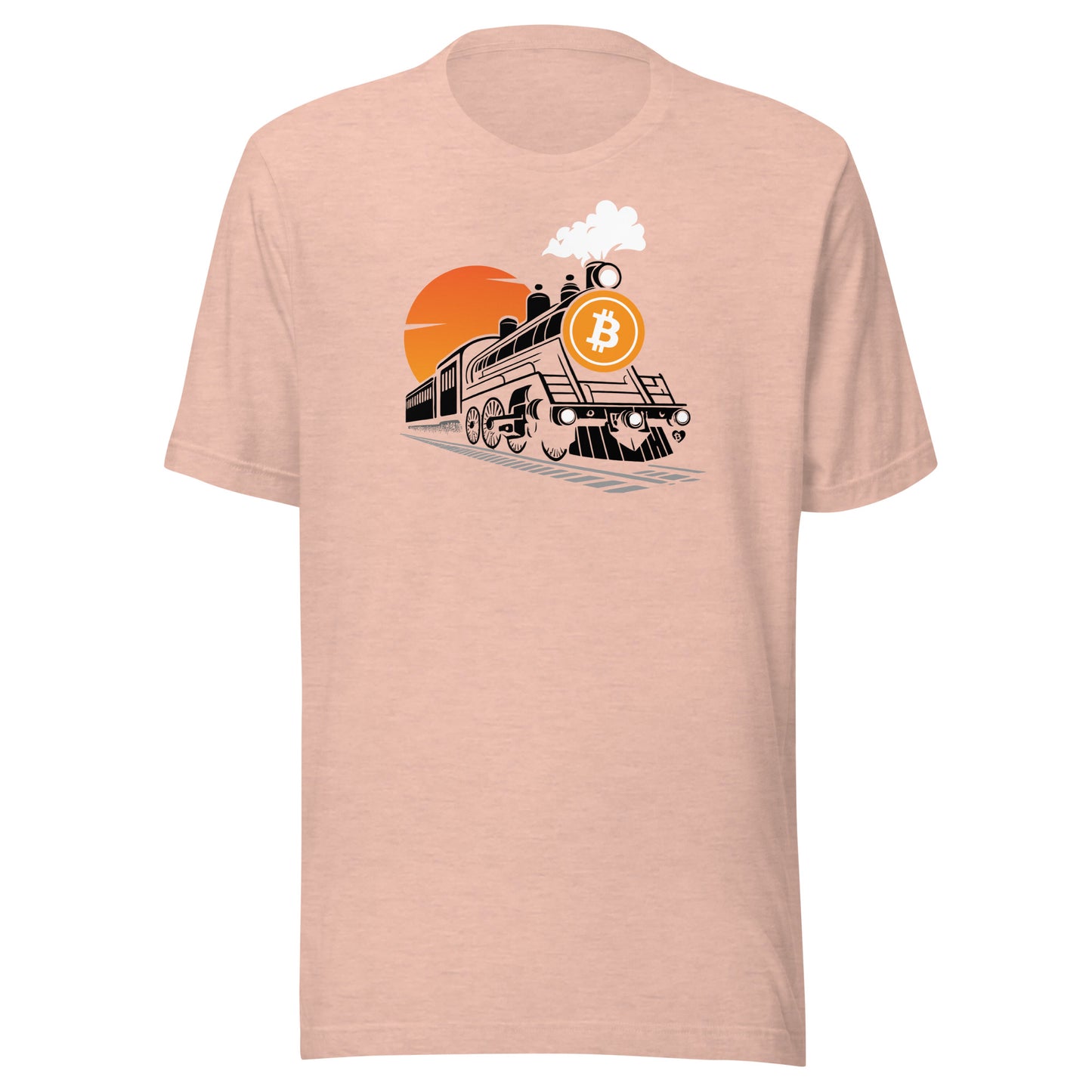 Pink t-shirt with a graphic of a train and Bitcoin symbol on a white background