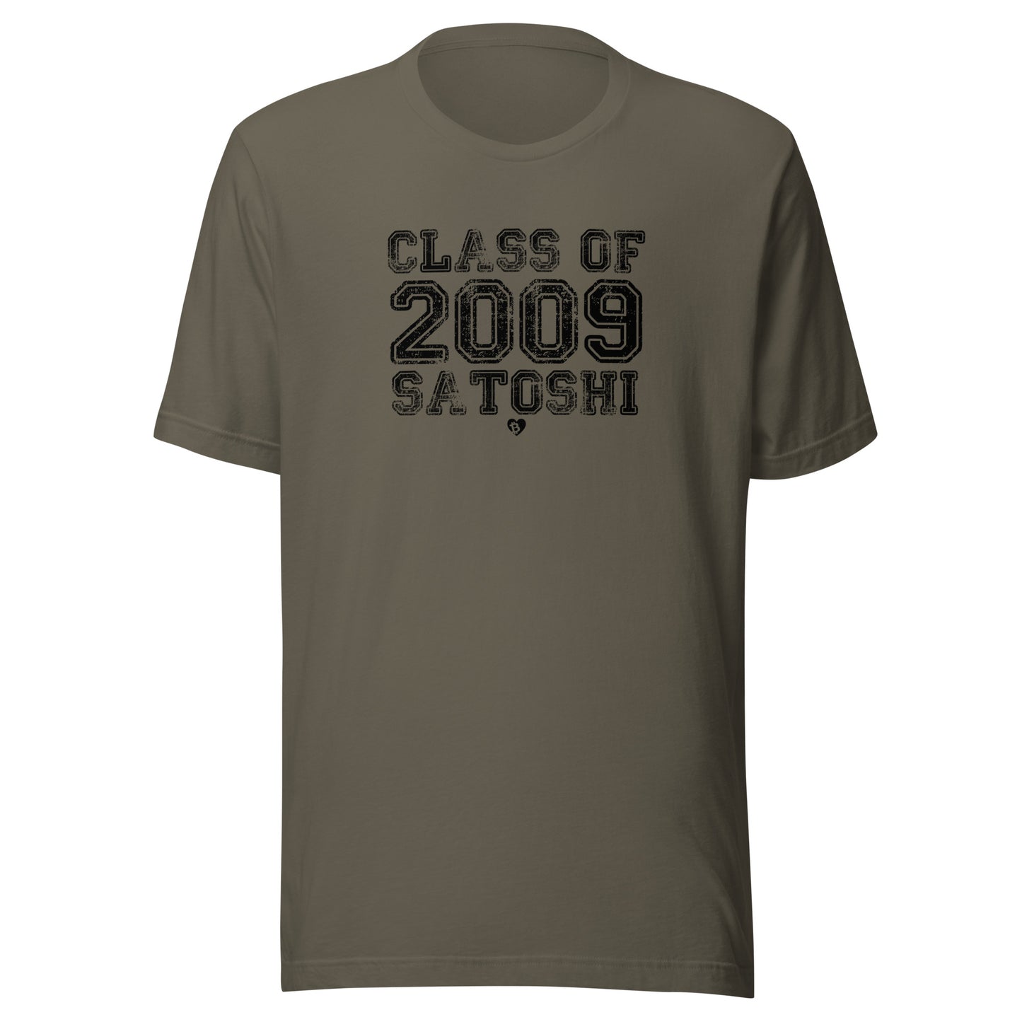 Green t-shirt with 'Class of 2009 Satoshi' text on a white background