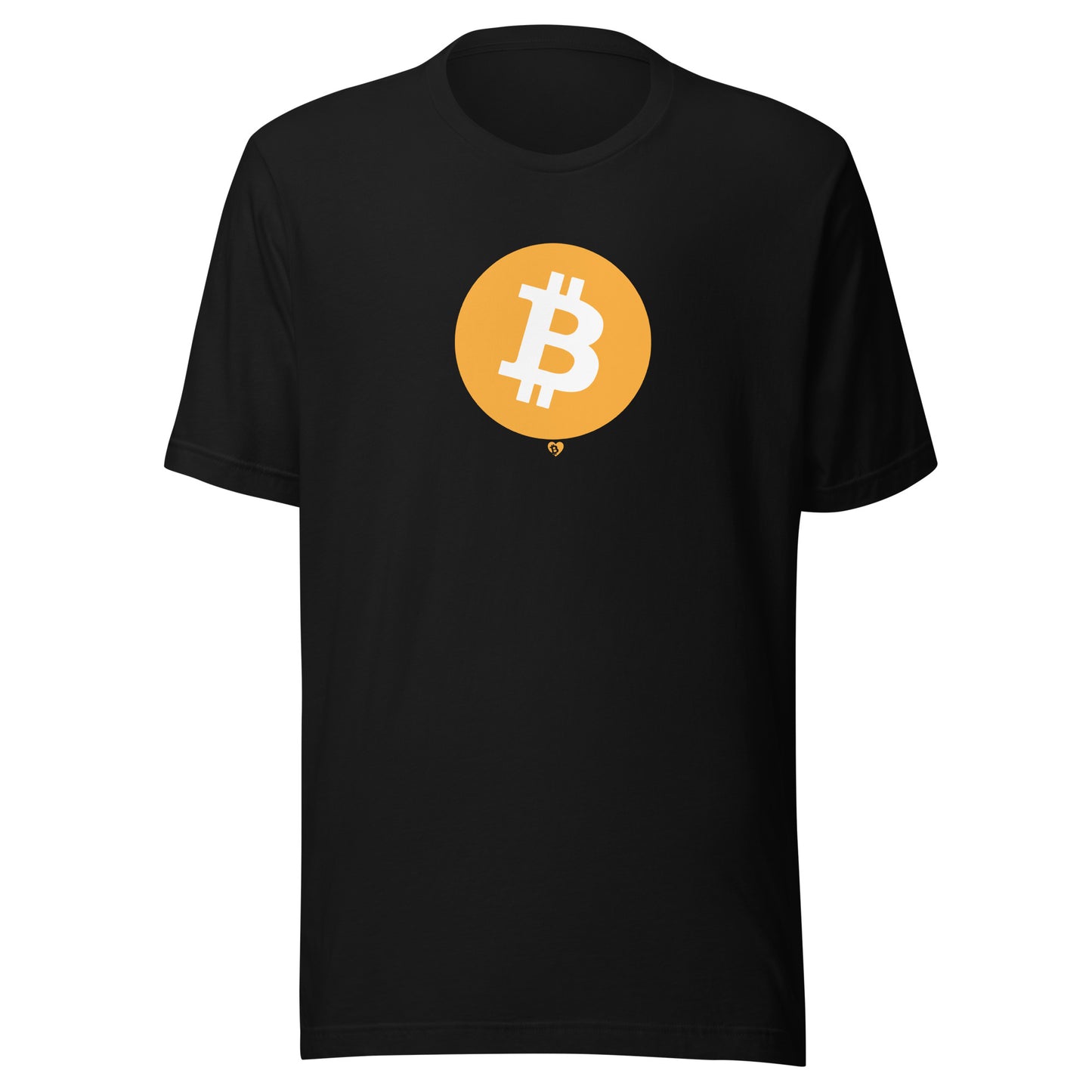 Black t-shirt with a Bitcoin logo on a white background