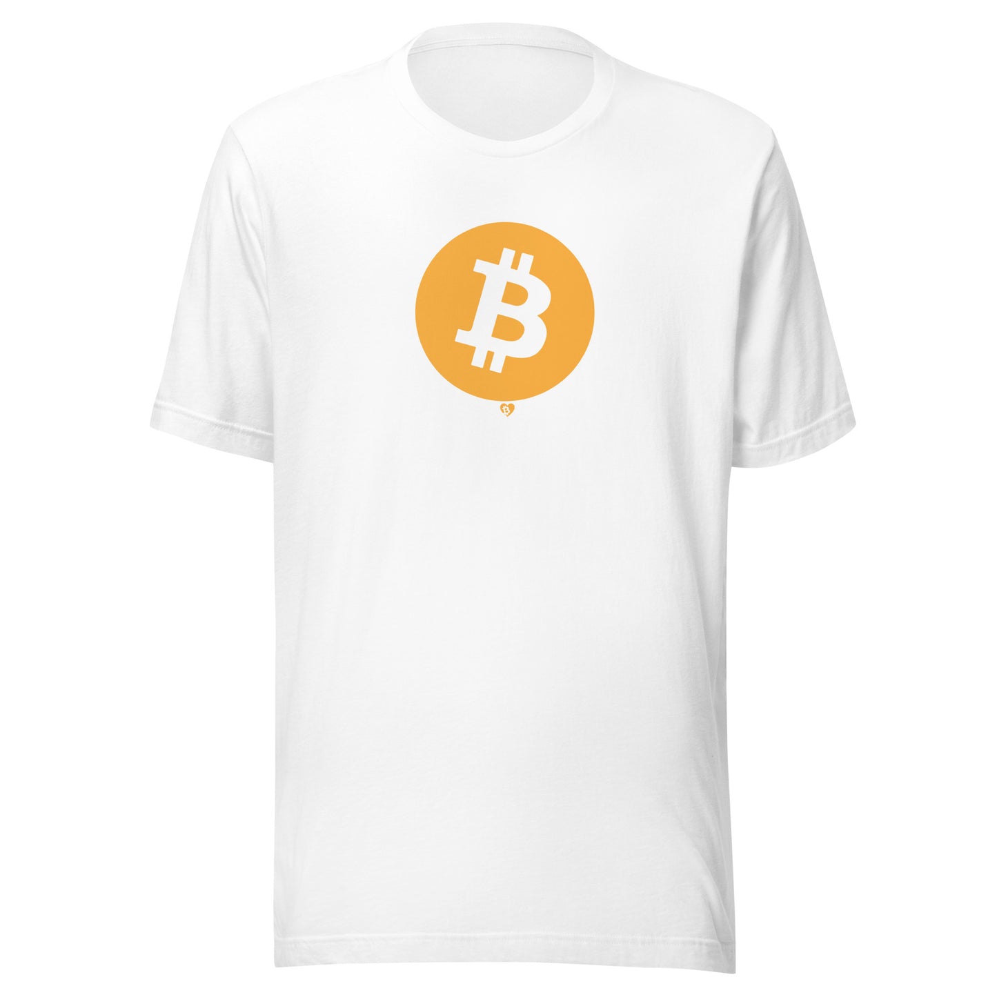 White t-shirt with a Bitcoin logo on a white background