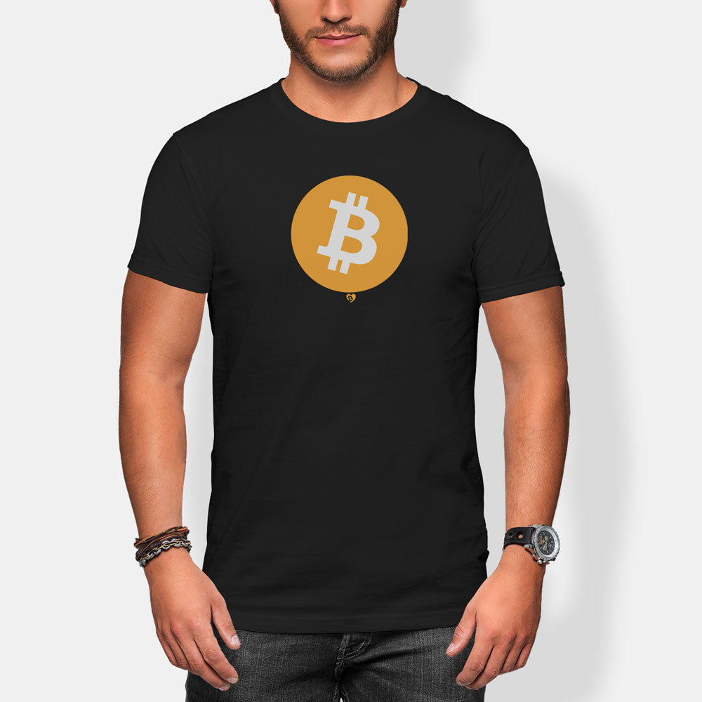 Person wearing a black t-shirt with a Bitcoin logo on a white background