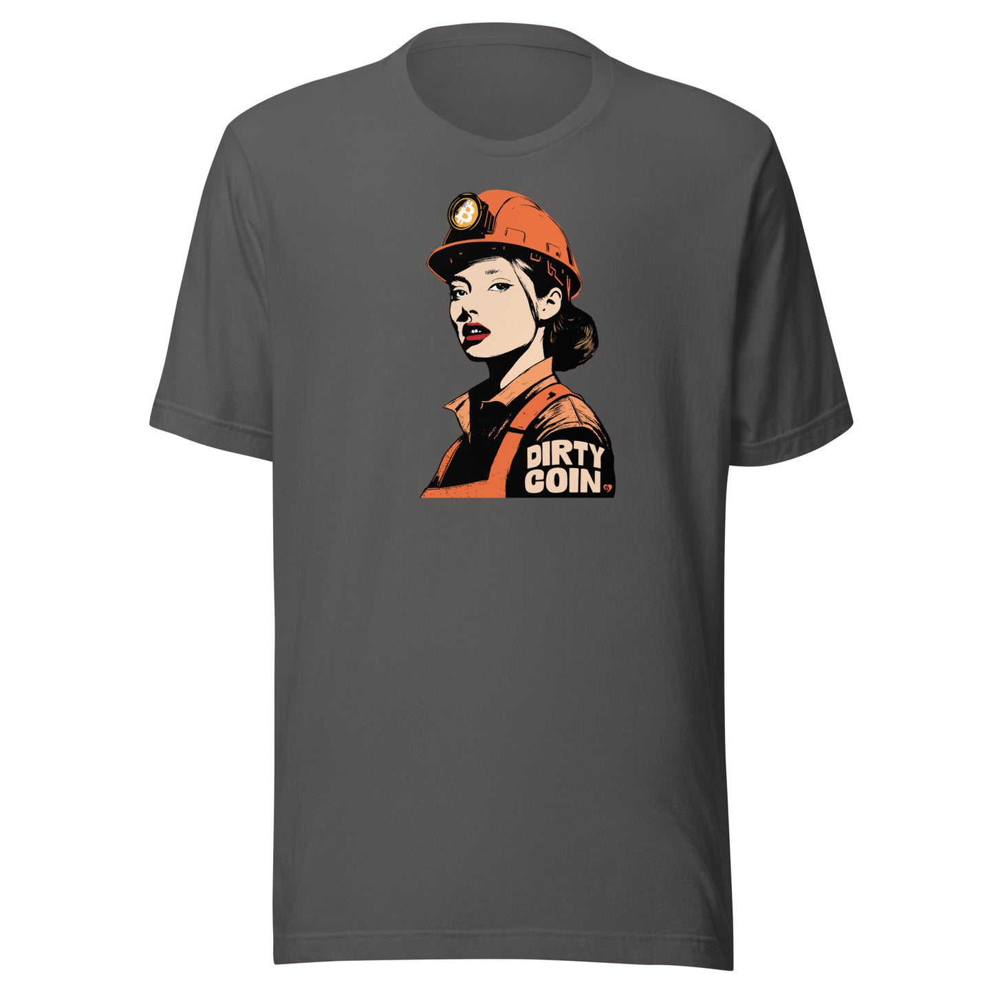 Gray t-shirt with a graphic of a miner wearing a bitcoin hard hat and 'DIRTY COIN' text on a white background